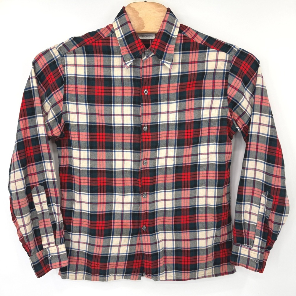 Viyella Button Down Shirt Mens Red Plaid Wool Cotton Scotland Vintage